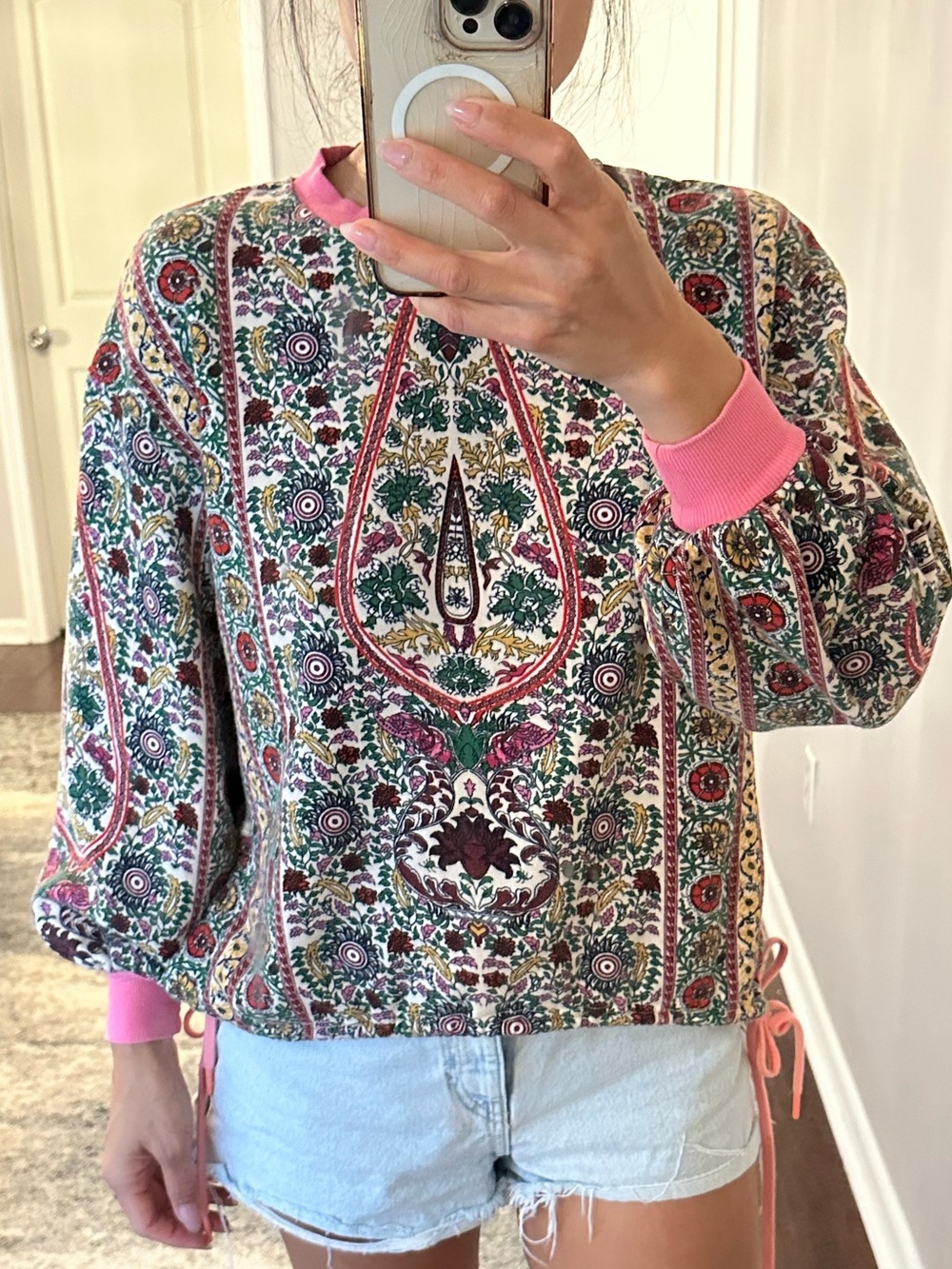 Alice + Olivia Multicolor Paisley Crewneck Sweatshirt with Pink Trim